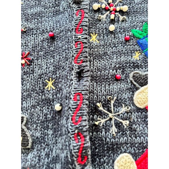 Designers Originals Joy Blue Button Cardigan Santa Embroidery Appliqué Size M - Picture 8 of 14